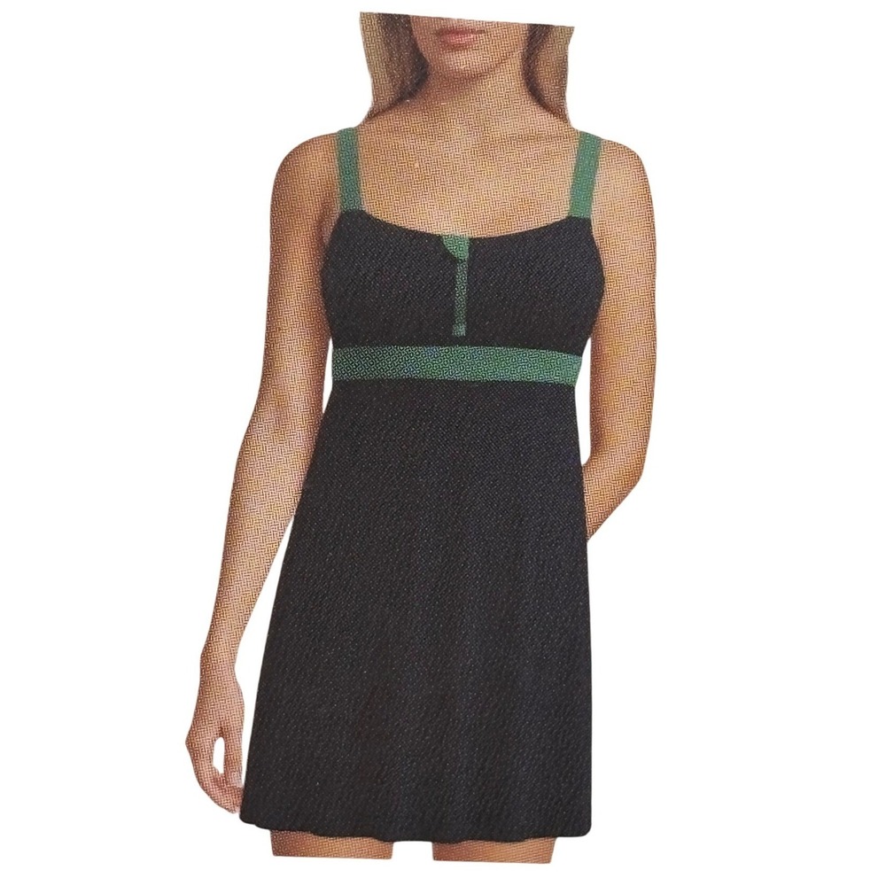 Lands' End Zip Front Swim Dress NWT Large Navy Green One Piece Tummy Control